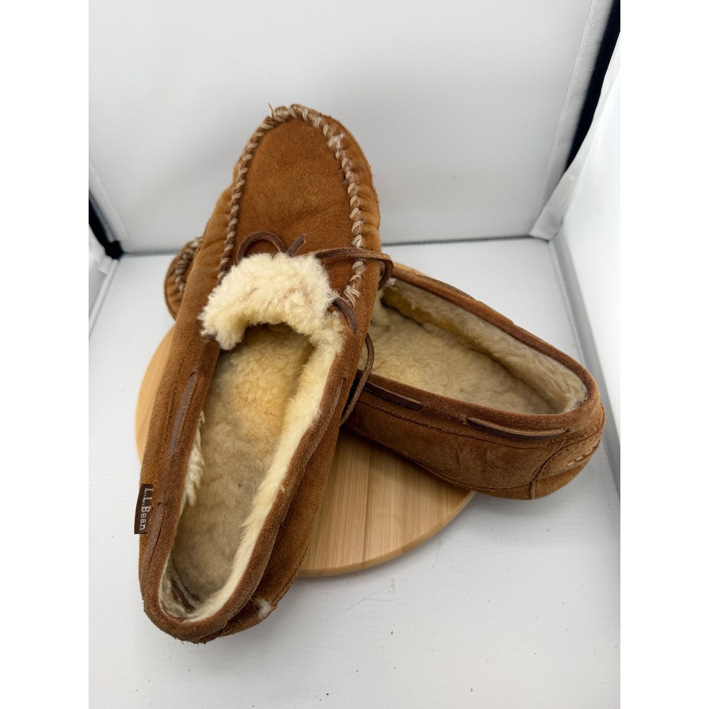 L.L.Bean Mens Brown Suede Shearling Moccasin Slippers Cabin Shoes Size 12